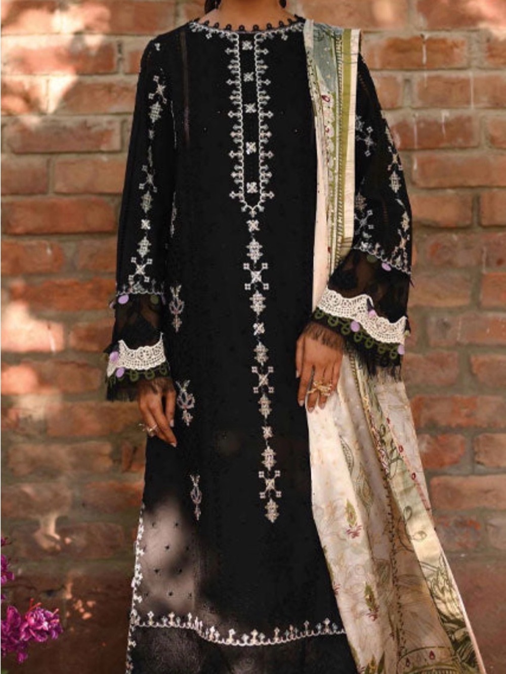 Black Embroidered Long Sleeve Dress with Decorative Trim
